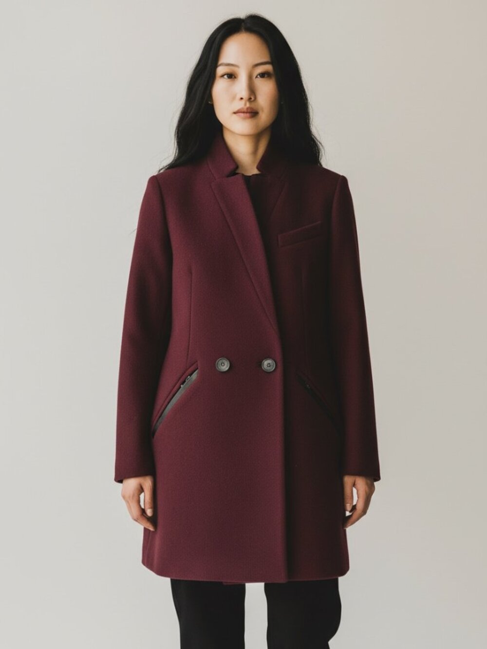 IRO Paris Carey Burgundy Wool Blend Asymmetrical Pea Coat Jacket FR 42 US 10